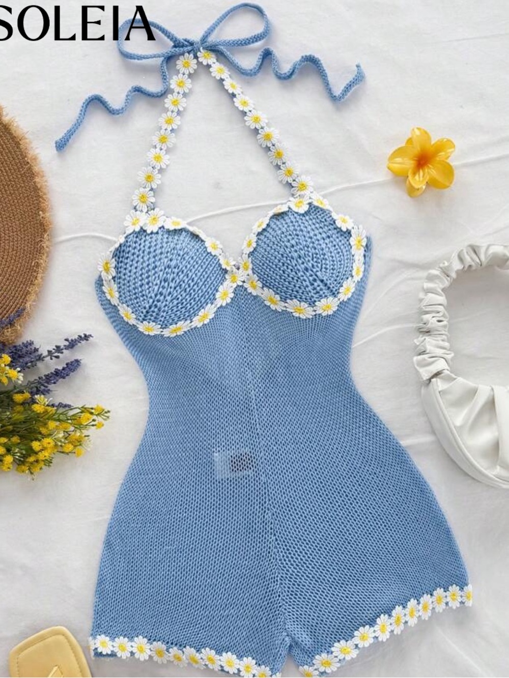 Handmade Light Blue Crochet Daisy Romper